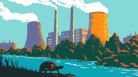 A large coal plant generates emissions next to a natural waterway