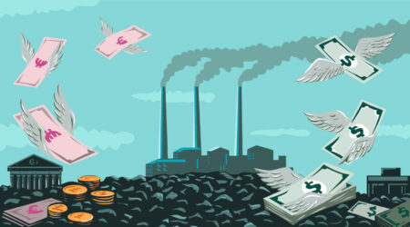 Dollars, Euros, and pieces of coal in front of a coal plant