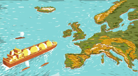 A liquid natural gas tanker approaches the European coast