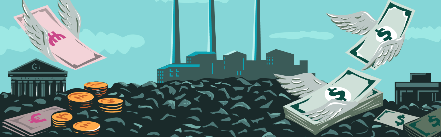 Dollars, Euros, and pieces of coal in front of a coal plant